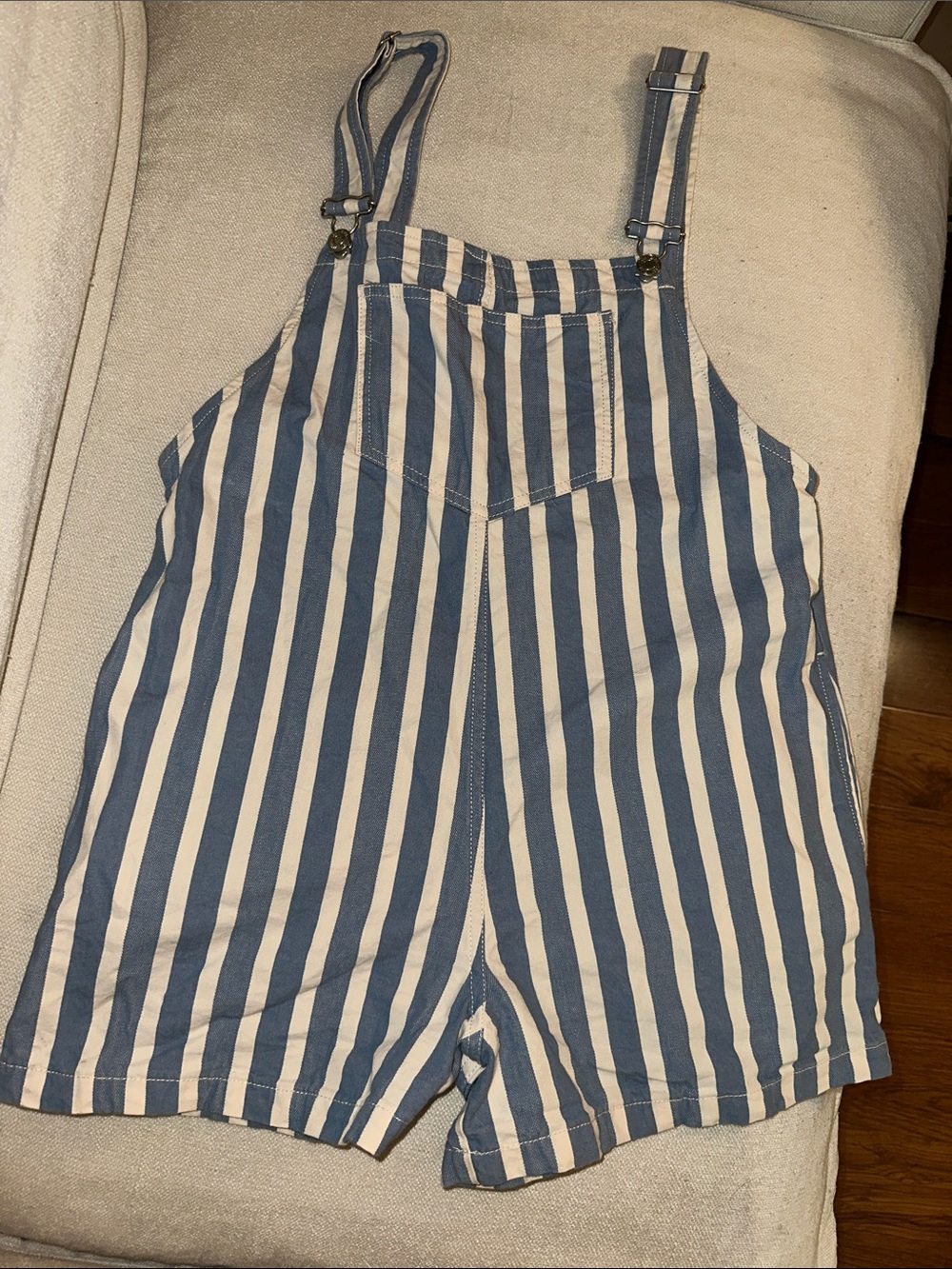 Zara Blue and White Striped Short Overalls